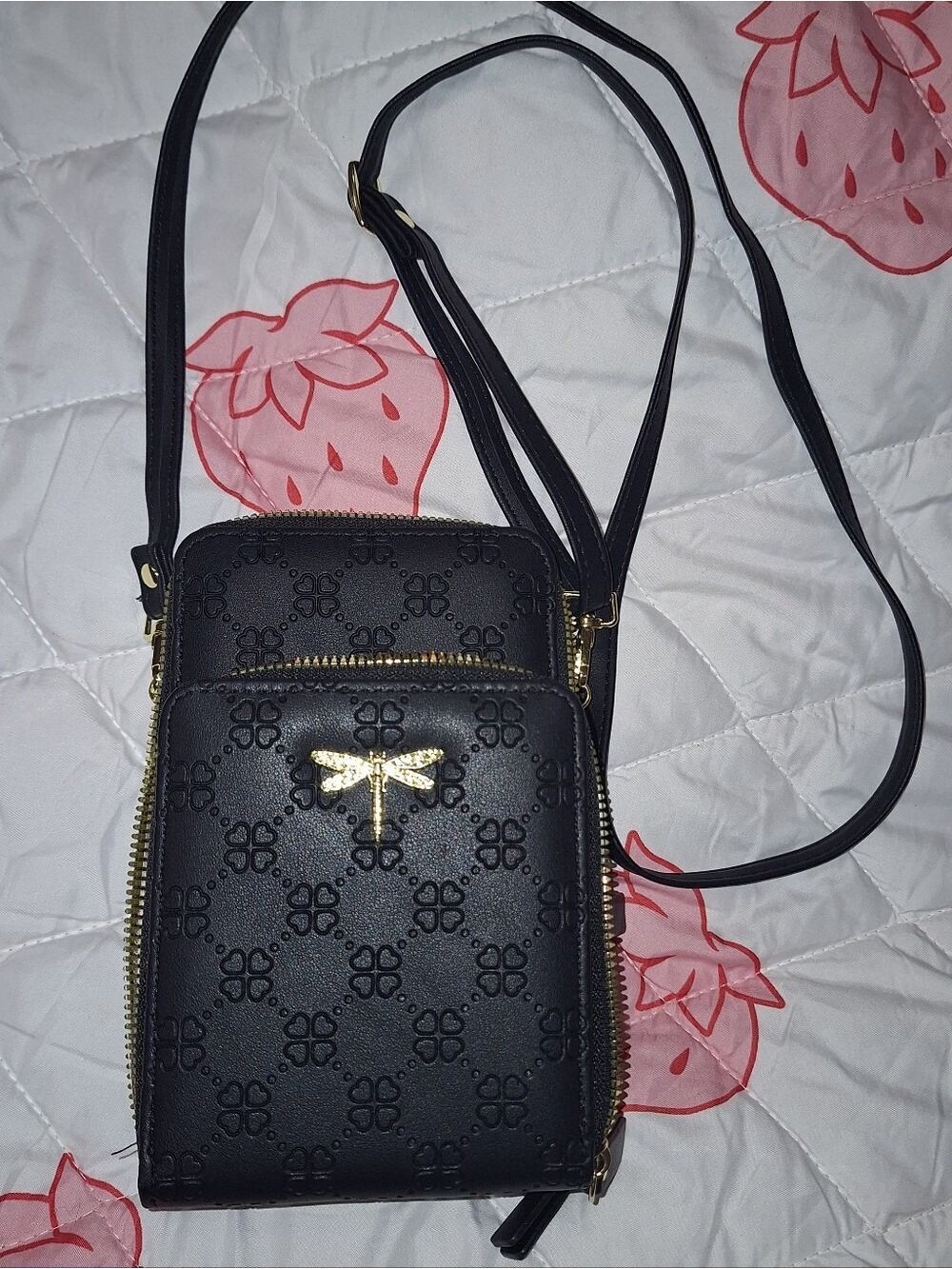 Black Crossbody Bag Gold Dragonfly Accent